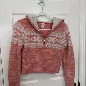 No Boundaries Pink Marled Fair Isle Sherpa Half-Zip Sweater